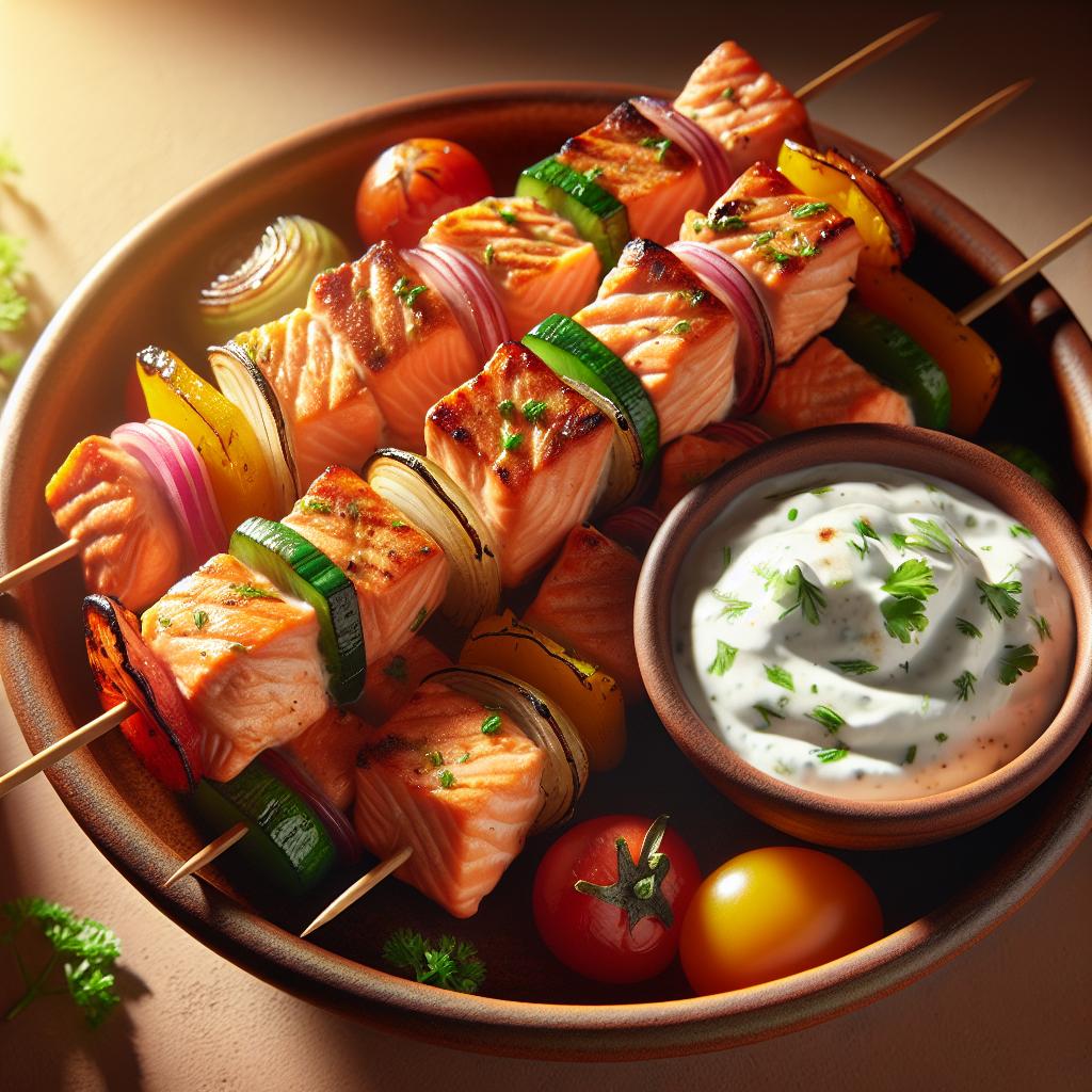 Shish kebab de salmón con salsa de yogur
