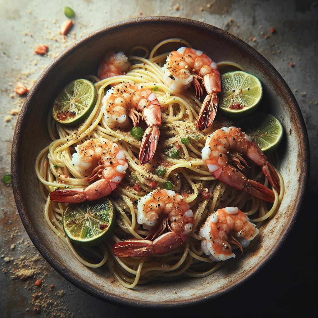 Espaguetis con gambas, lima y granella de almendras