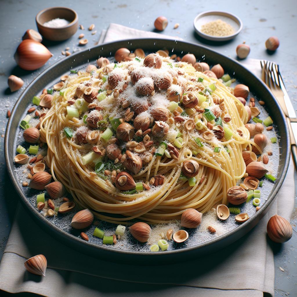 Espaguetis con puerros, avellanas y parmesano
