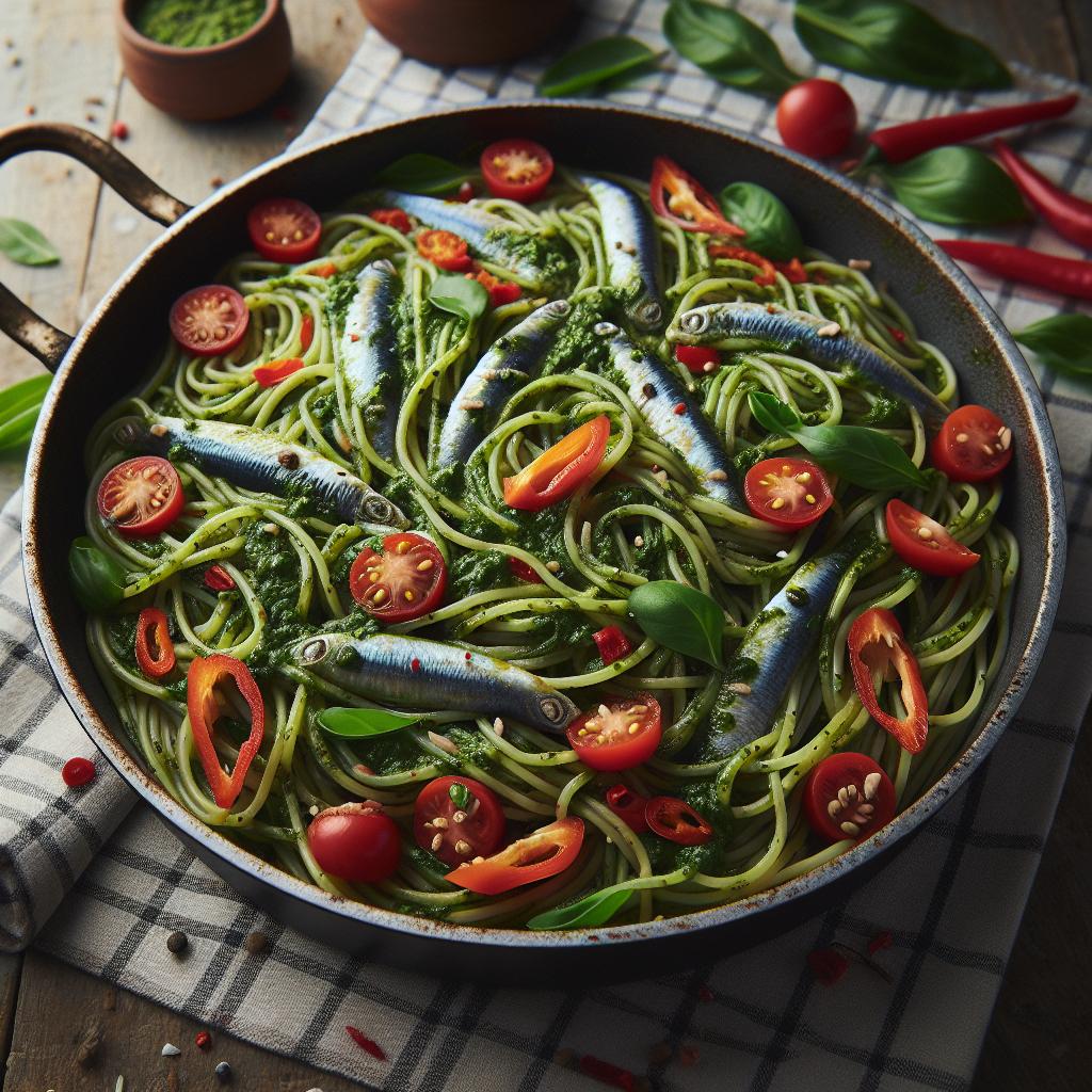 Spaghetti al pesto con anchoas y pimientos
