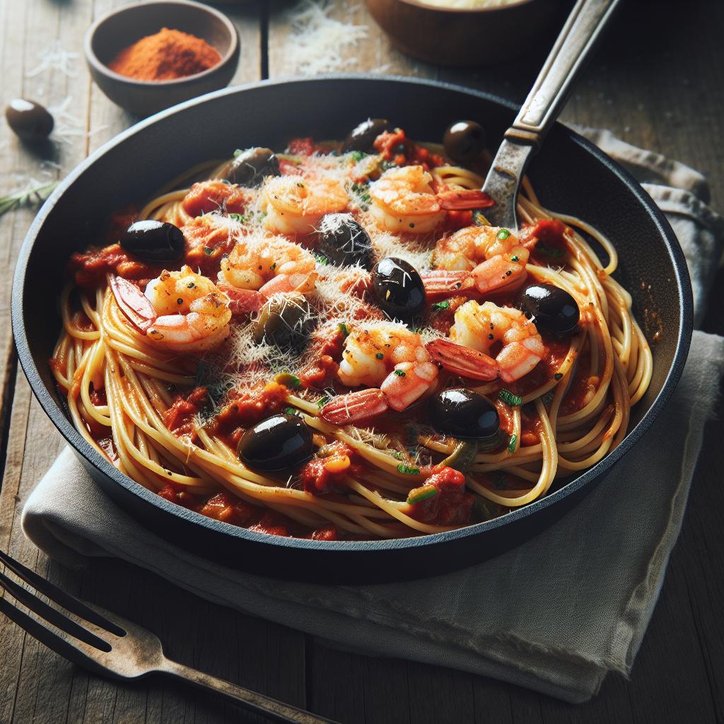 Spaghetti al ragù di gamberi e olive
