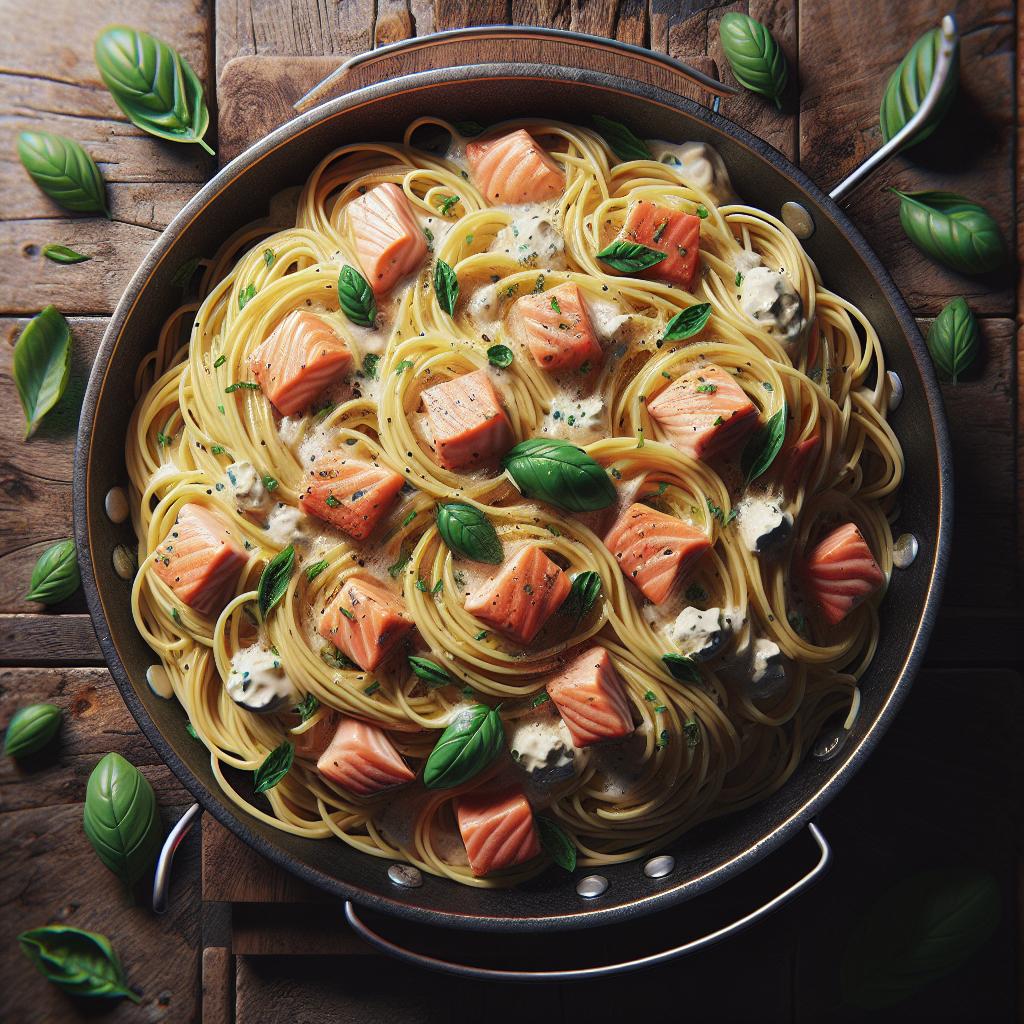 Spaghetti al salmón y stracciatella al albahaca