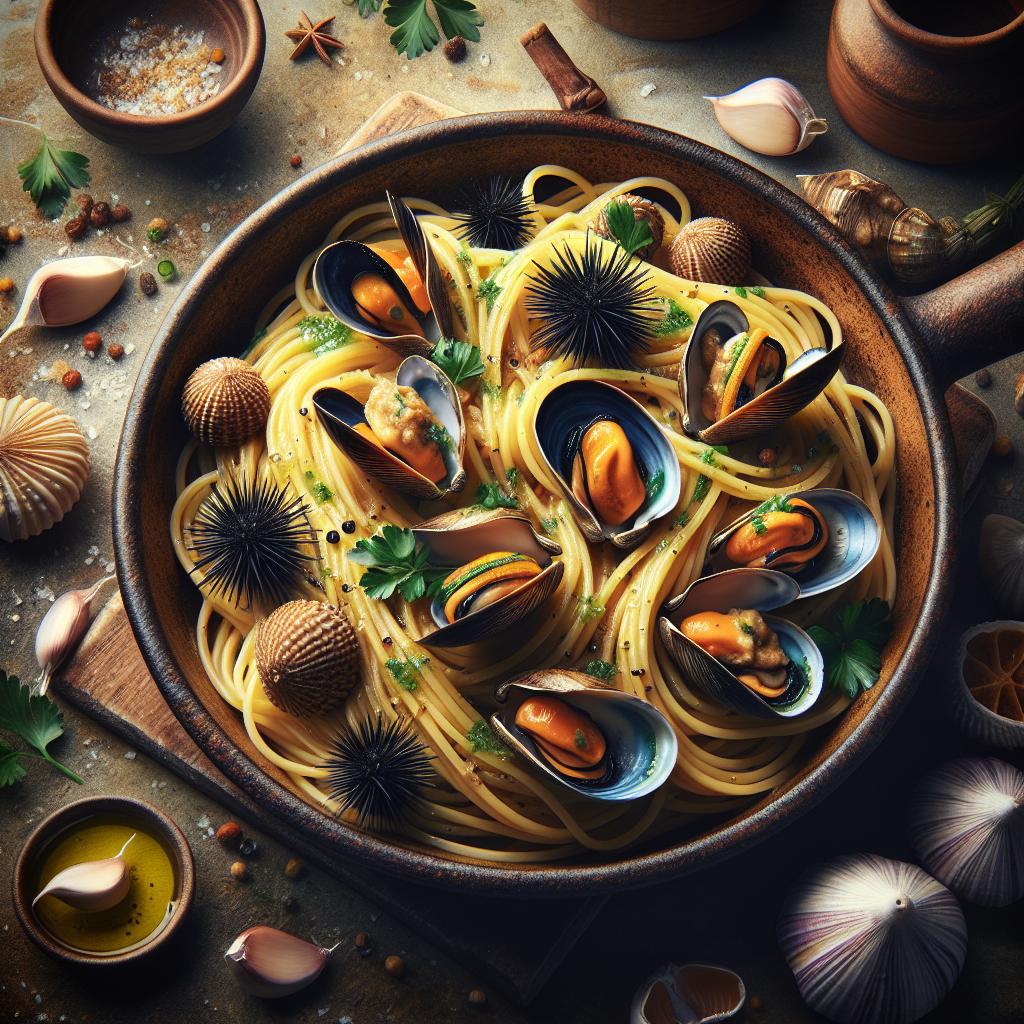 Espaguetis con mejillones y erizos de mar
