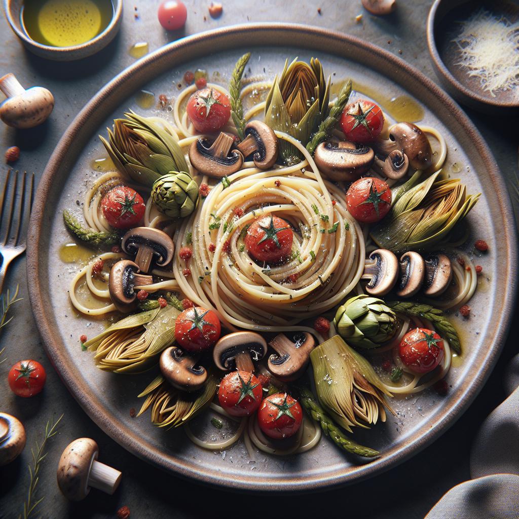 Espaguetis con setas, alcachofas y tomates cherry
