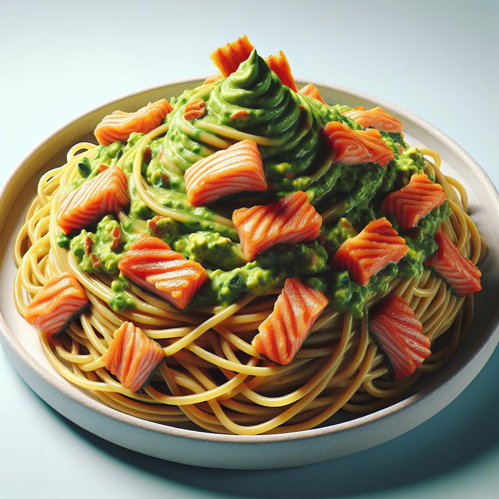 Spaghetti con guacamole y salmón crujiente