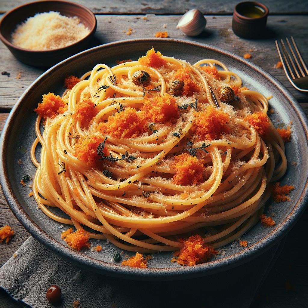 Espaguetis con bottarga y pan rallado