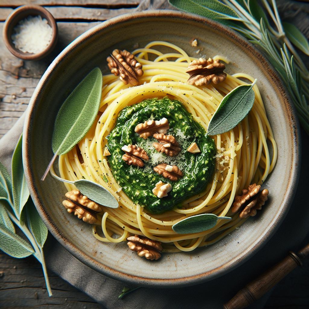 Spaghetti con pesto di salvia e noci