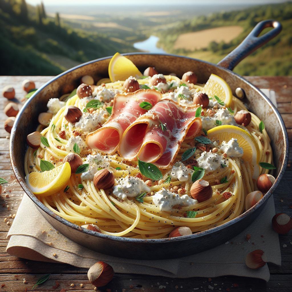 Spaghetti con ricotta, limón, speck y avellanas