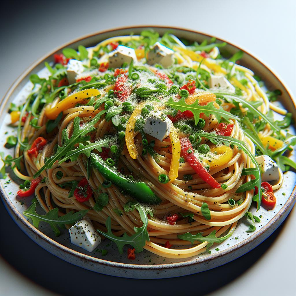 Spaghetti con rucola, peperoni e stracciatella