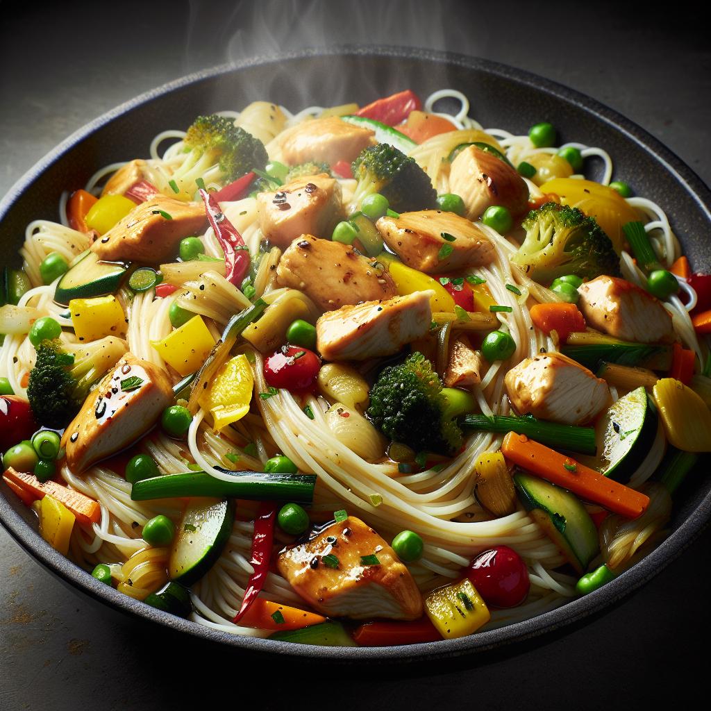 Spaghetti de arroz con verduras y pollo caramelizado