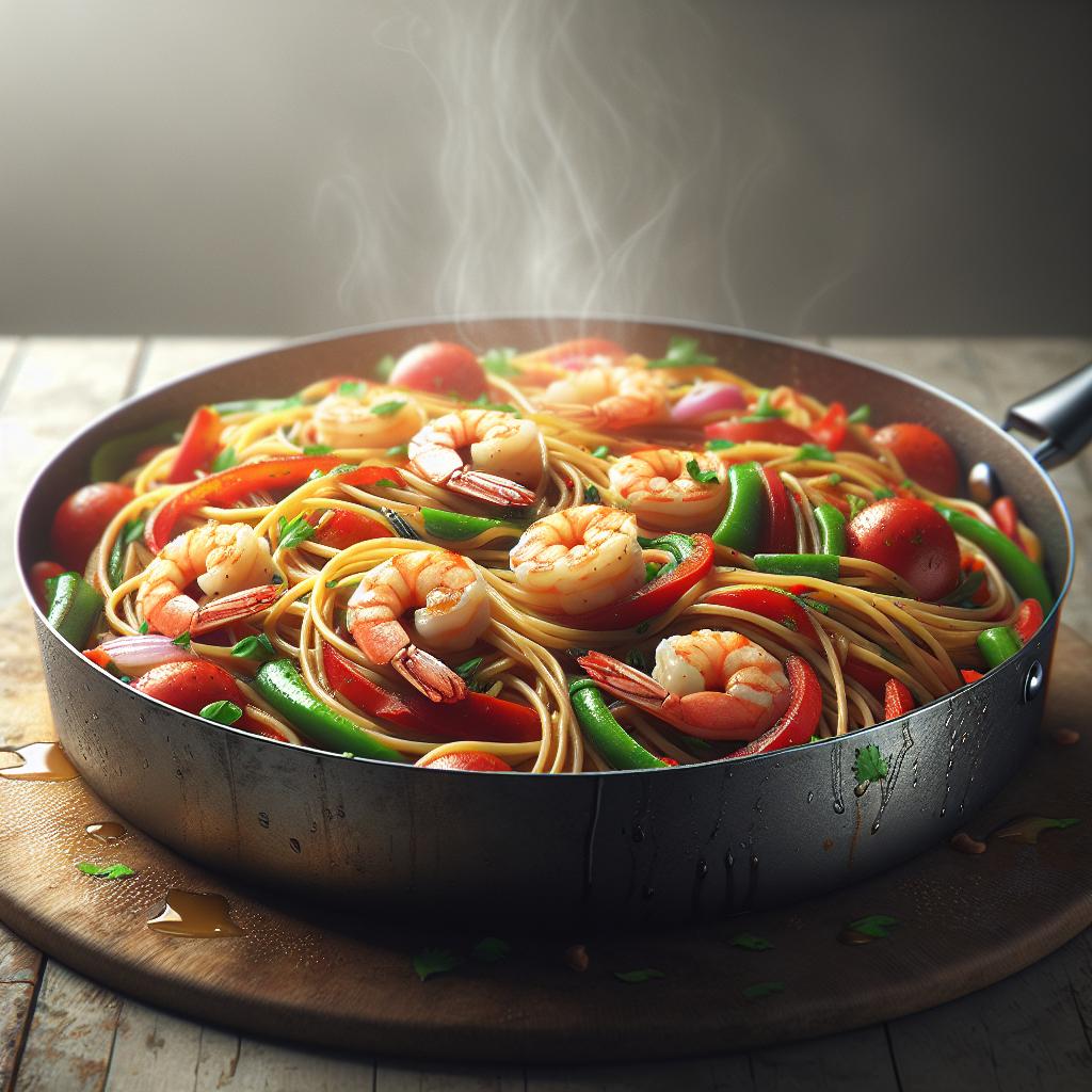 Spaghetti di soia con verdure e gamberi