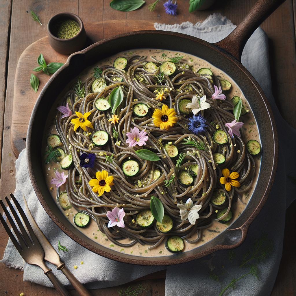Espaguetis integrales con flores y crema de calabacines