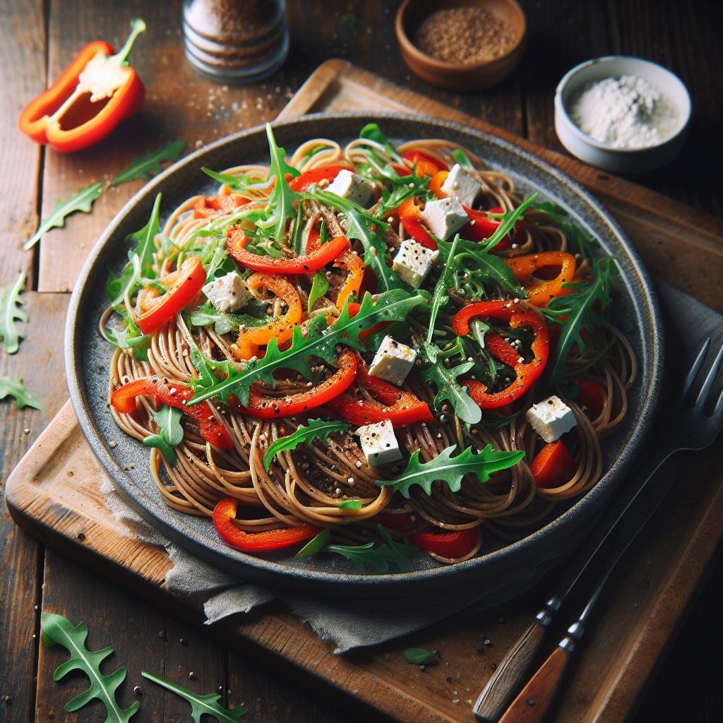 Spaghetti integrali con peperoni rossi, rucola e feta