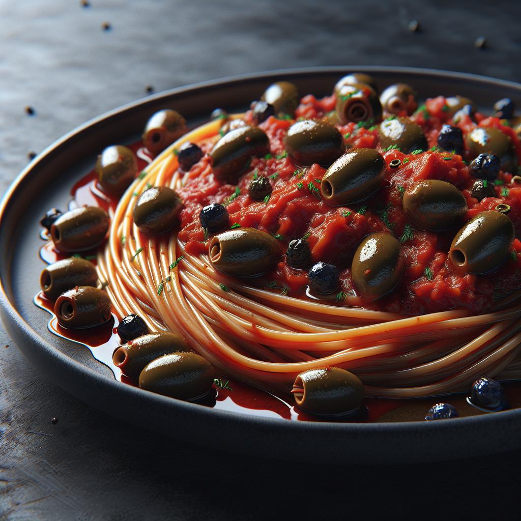 Espaguetis invernales con tomate, aceitunas y alcaparras