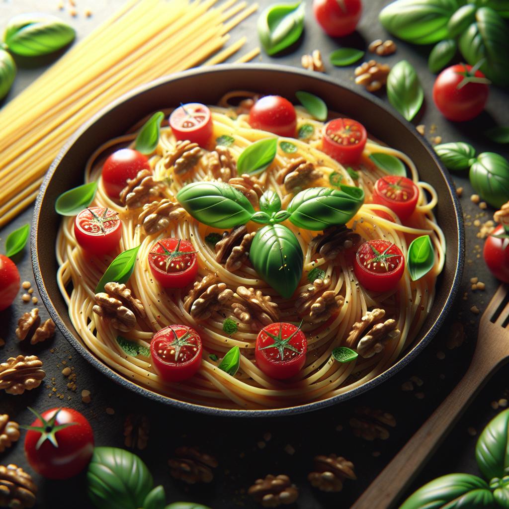 Spaghetti noci, basilico e pomodorini