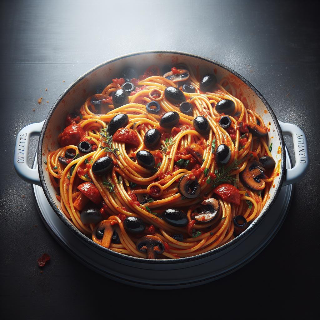 Espaguetis picantes con setas y aceitunas negras