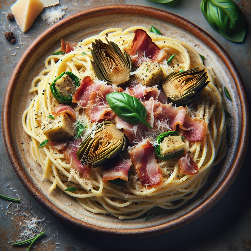 Espaguetis risottati con alcachofas y panceta