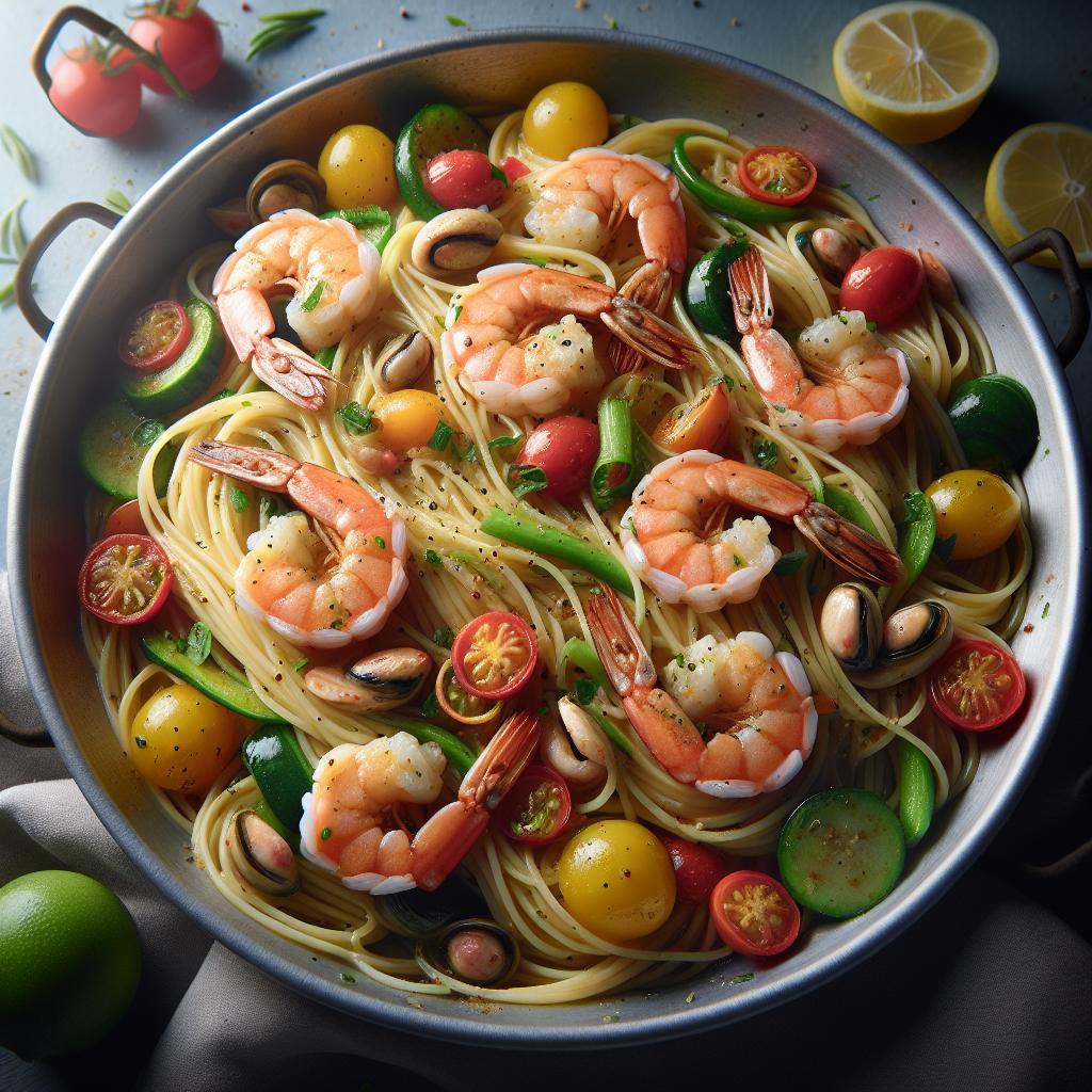 Spaghettini con langostinos y verduras de verano