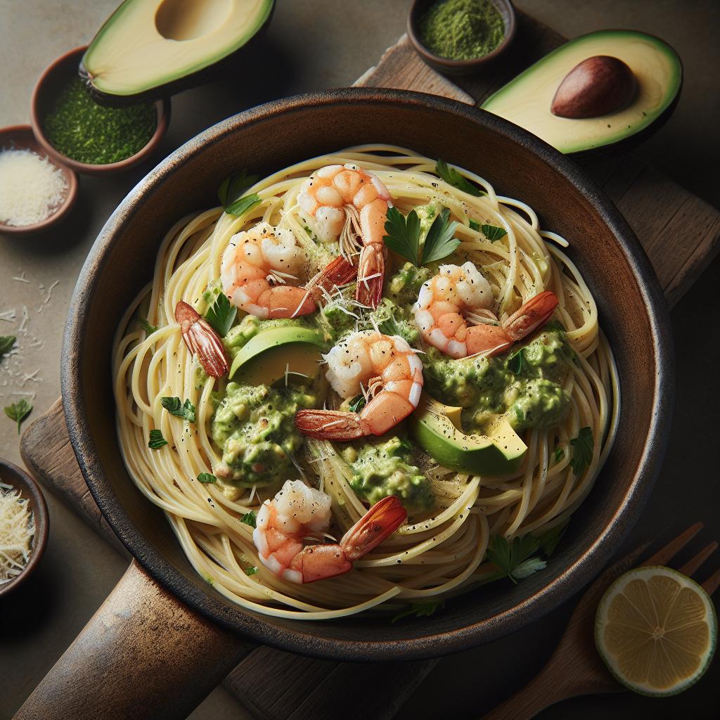 Spaghettini avocado e gamberi