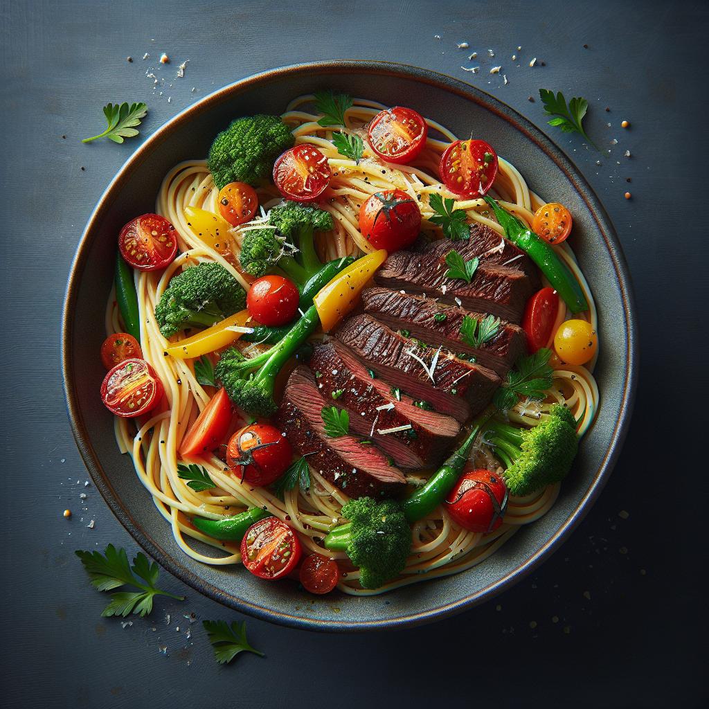 Espaguetinis con carne de res marinada y verduras