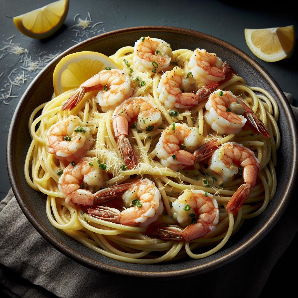 Espagueti rigato al limón y gambas