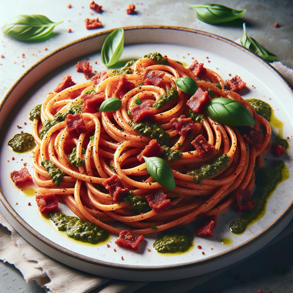 Spaghettoni con pesto rosso e briciolata allo speck