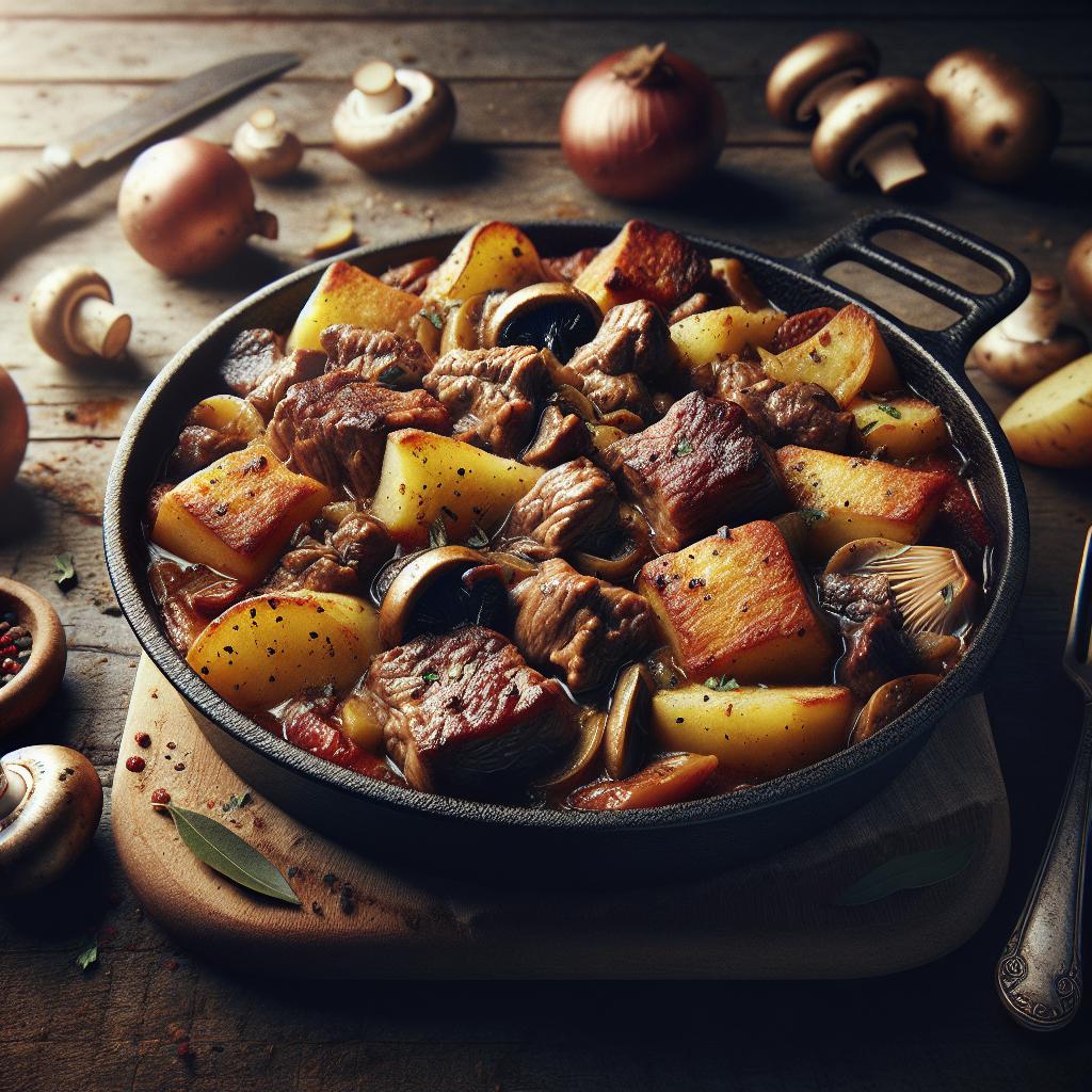 Estofado en costra con patatas y setas