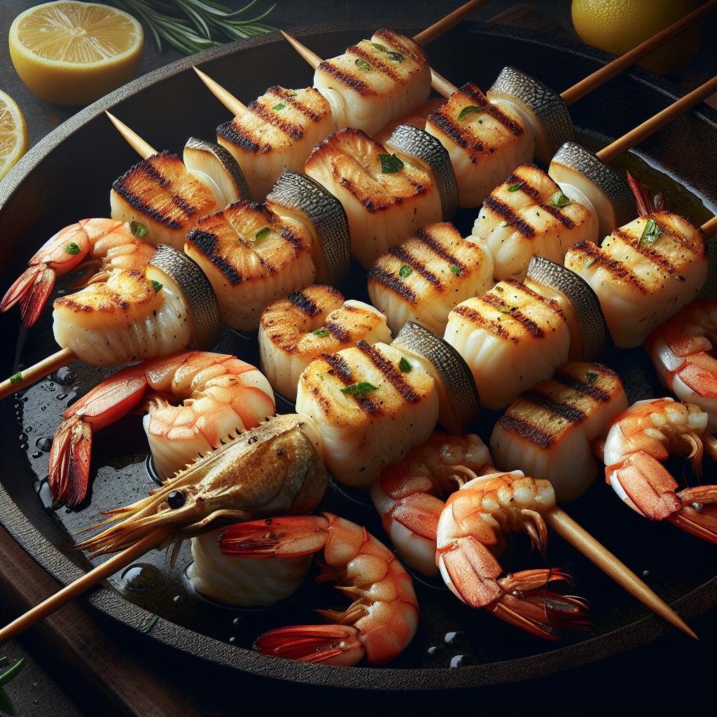 Brochetas de cola de rape y gambas