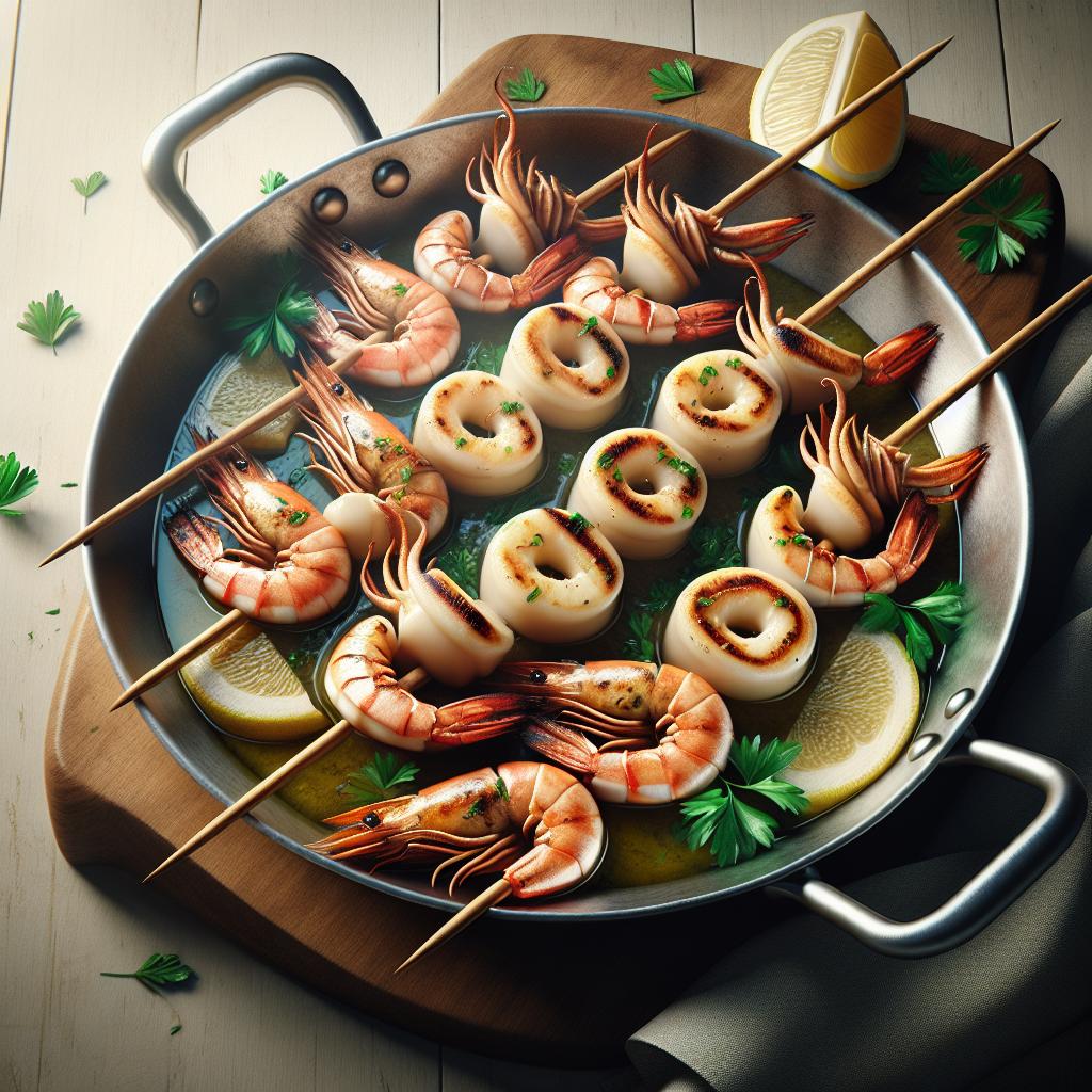 Brochetas de calamares y gambas