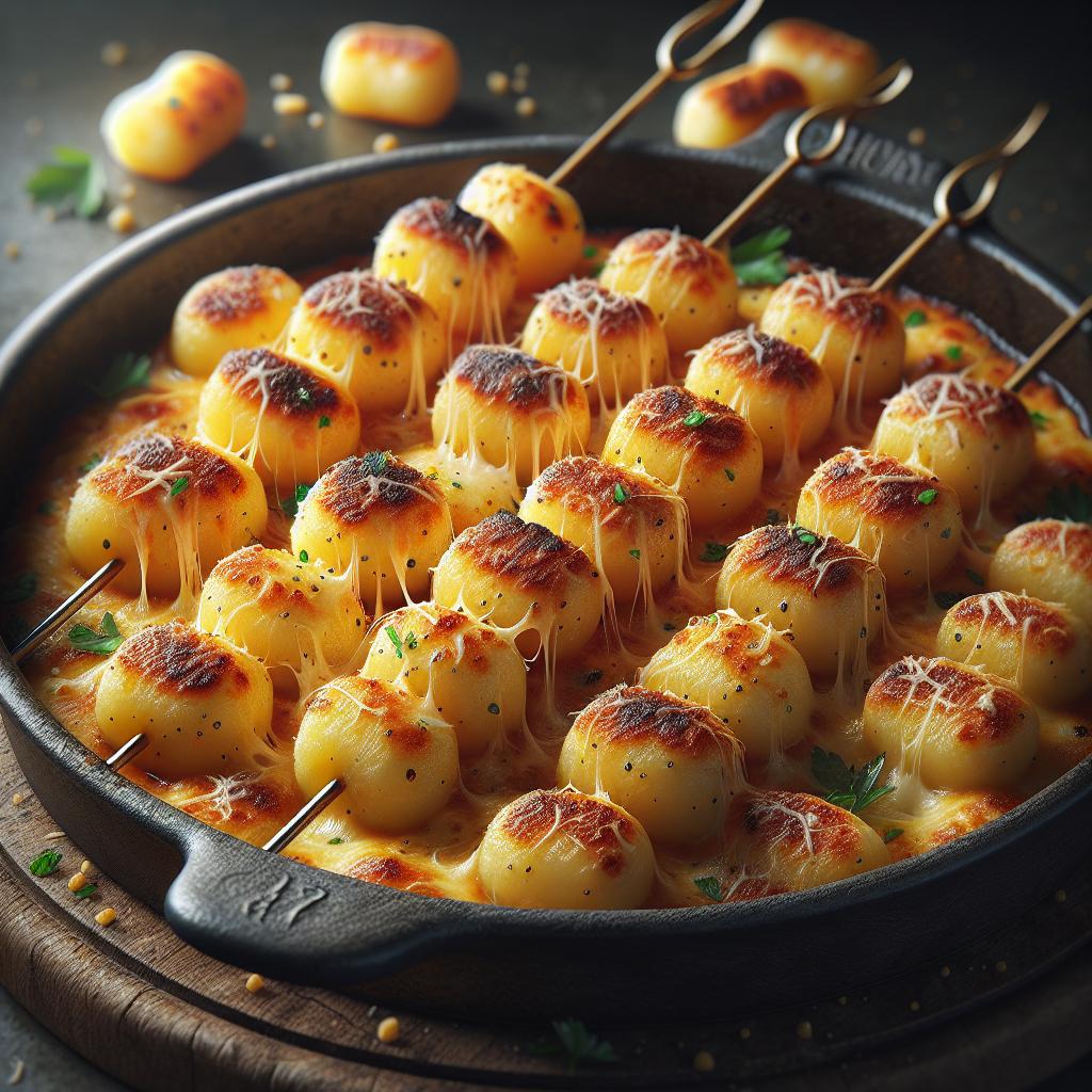 Brochetas de ñoquis gratinados