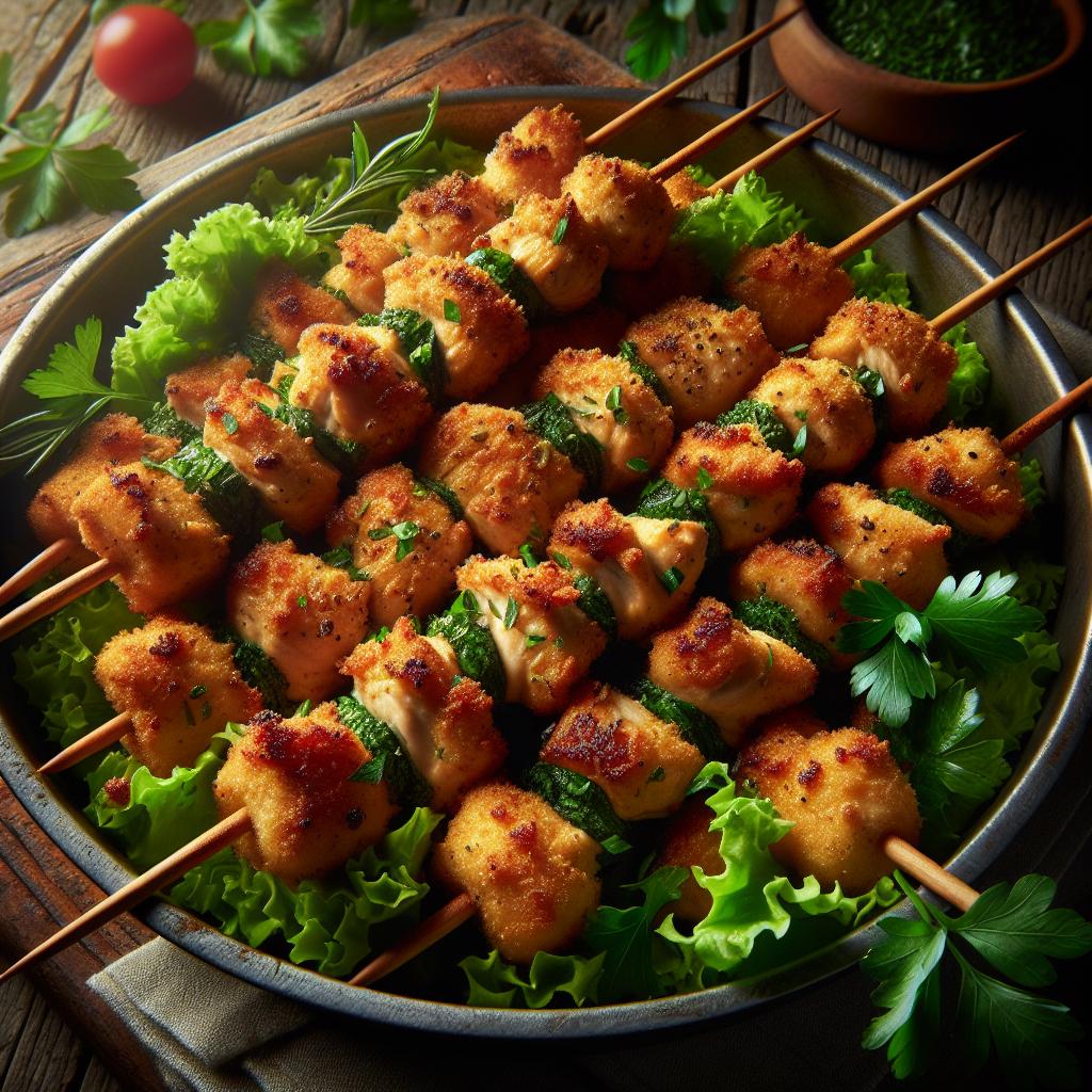 Brochetas de pollo empanadas