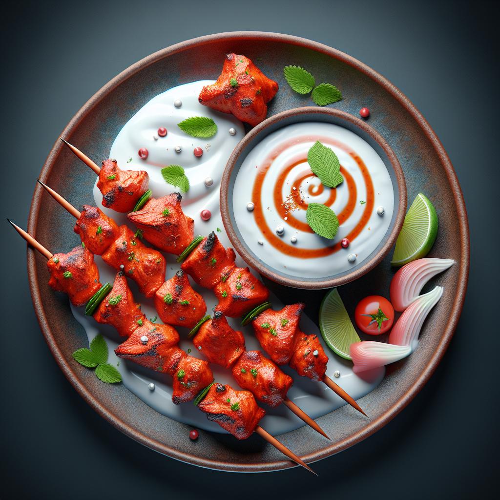 Brochetas de pollo tandoori con salsa de yogur
