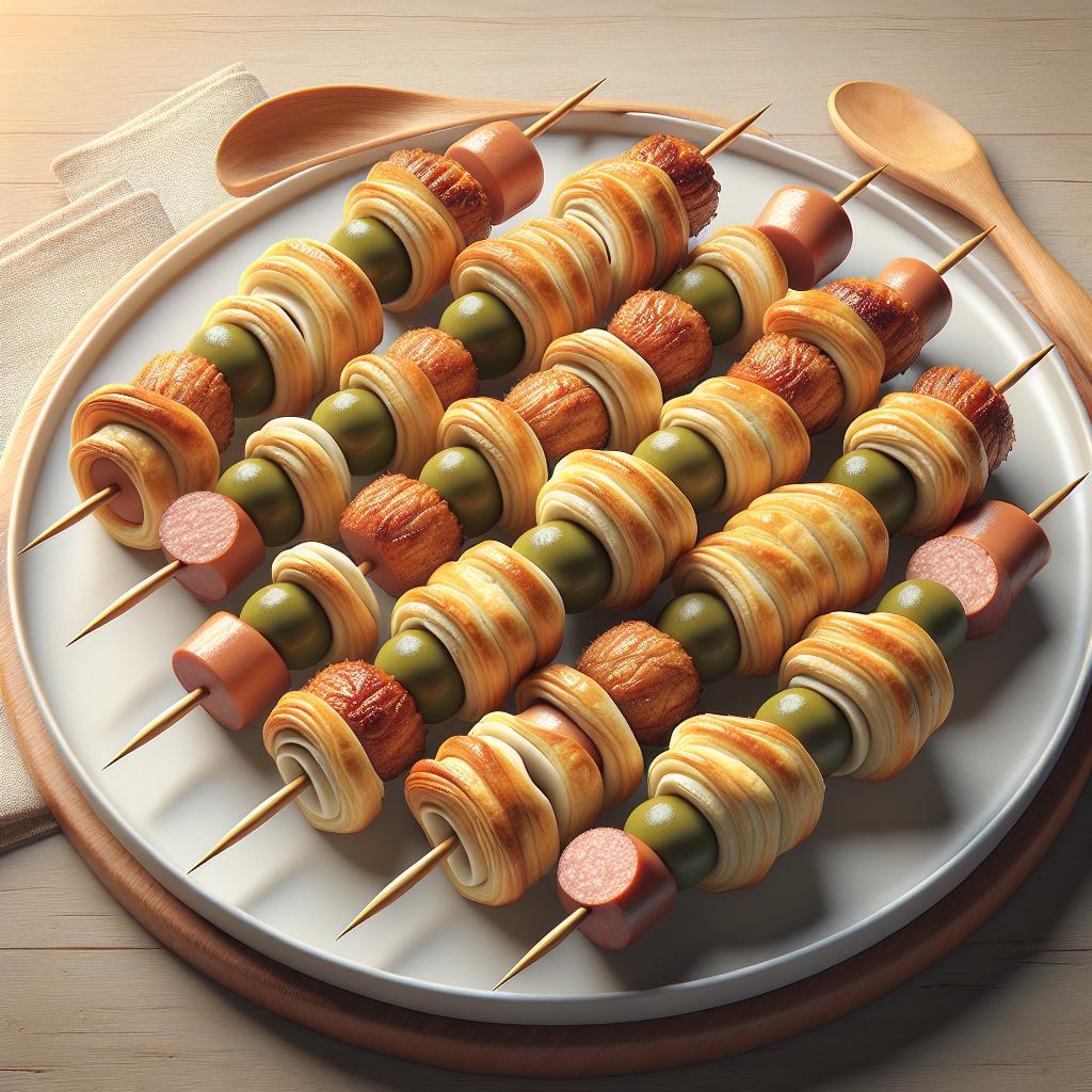 Brochetas de hojaldre con salchichas y aceitunas