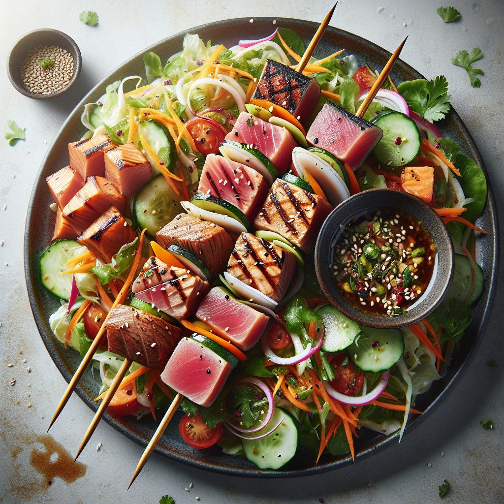Brochetas de atún y salmón con ensalada tailandesa