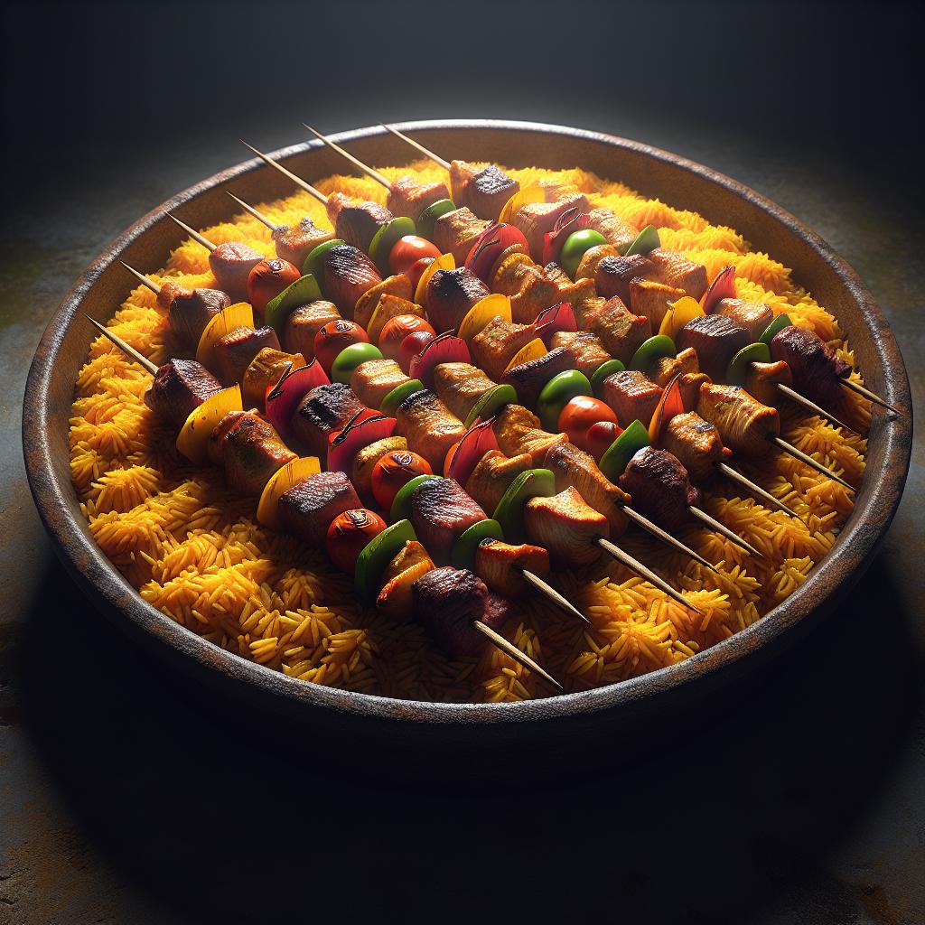 Brochetas rústicas con arroz al azafrán