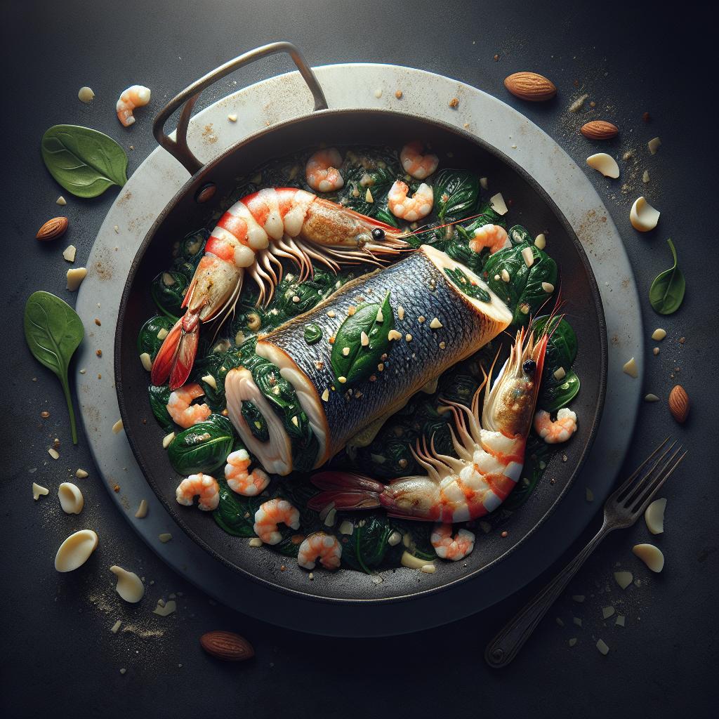 Lubina rellena con espinacas, gambas y almendras
