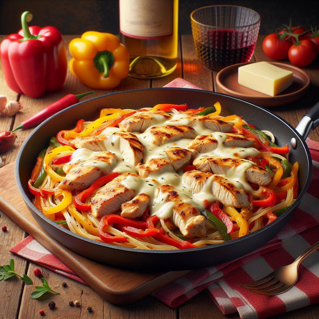 Tiritas de pollo y pimientos gratinados