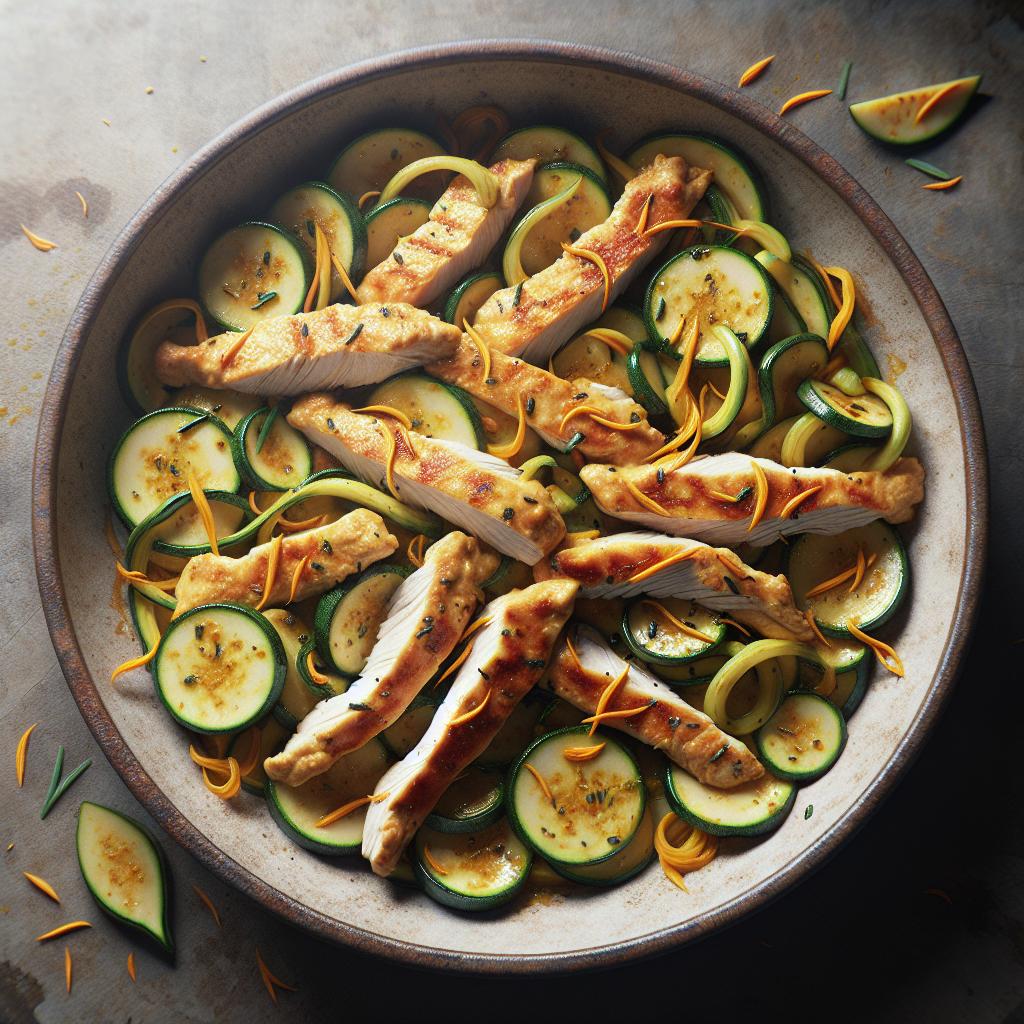 Tiritas de pollo con azafrán y calabacines