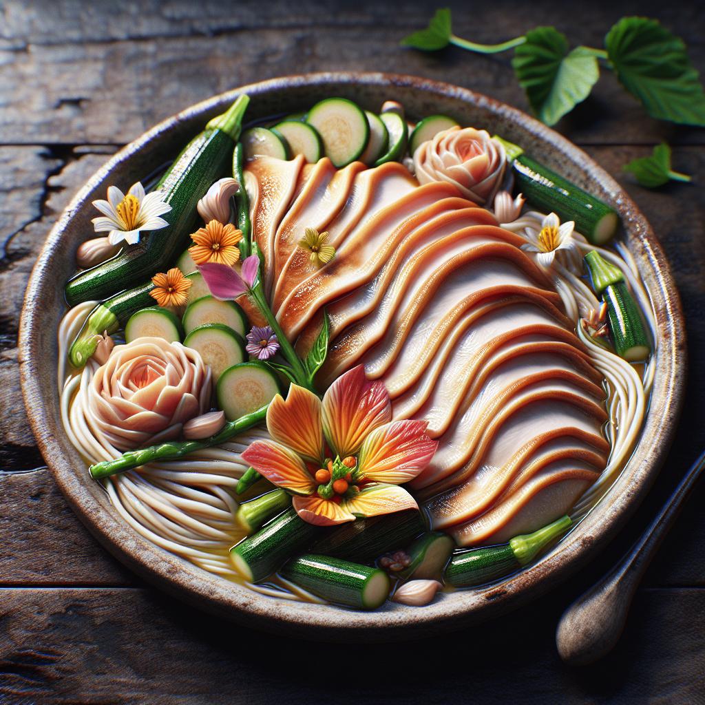 Tiritas de pavo al vino blanco con calabacines mignon y flores