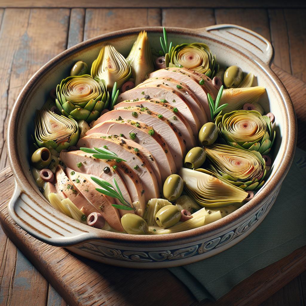 Tiritas de pavo con alcachofas y aceitunas