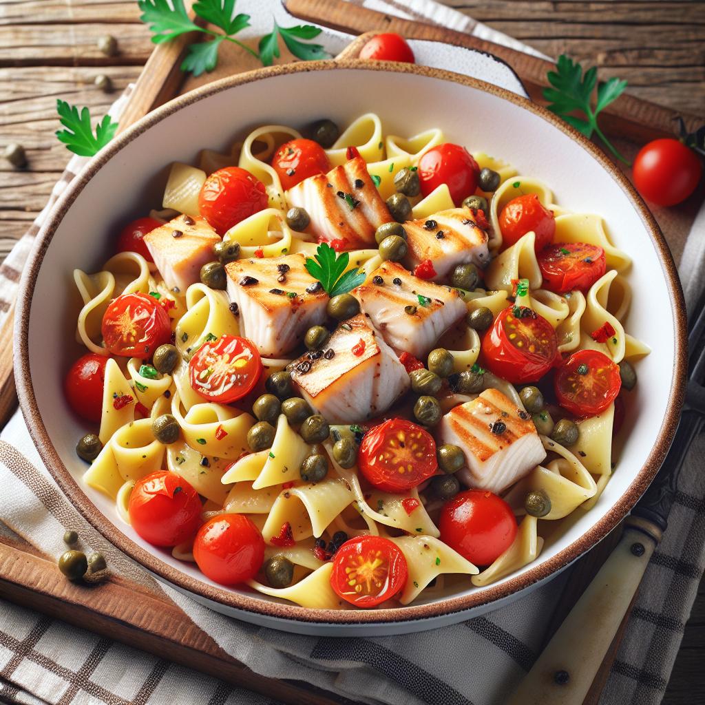 Strozzapreti con pez espada, tomates cherry y alcaparras