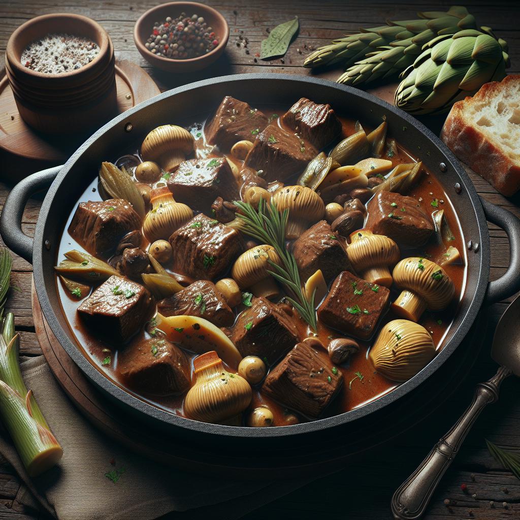 Estofado de ternera, alcachofas y champiñones