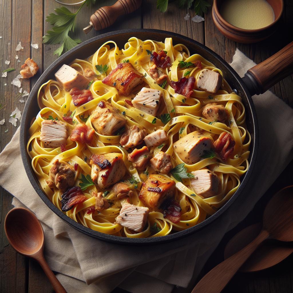 Tagliatelle al azafrán, pollo y guanciale