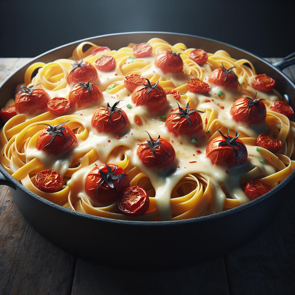 Tagliatelle apetitosas con tomatitos cherry al horno y provola