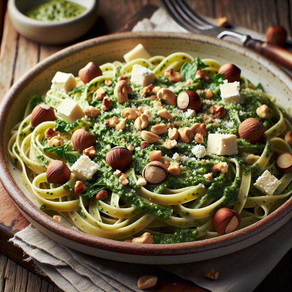 Tagliatelle con pesto de escarola, avellanas y Castelmagno