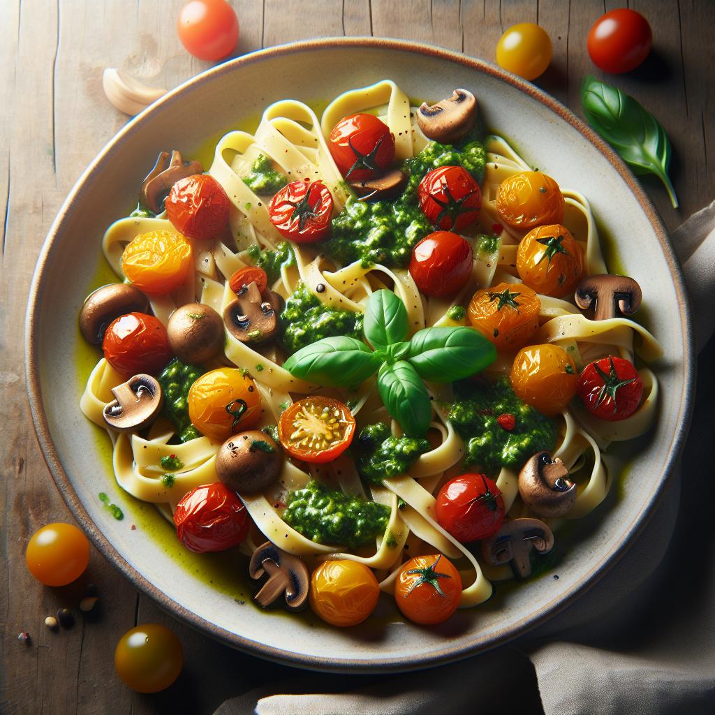 Tagliatelle con tomates cherry confitados, chiodini y pesto