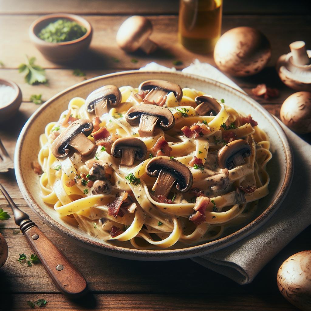 Tagliatelle del Val d'Orcia y setas a la Carbonara