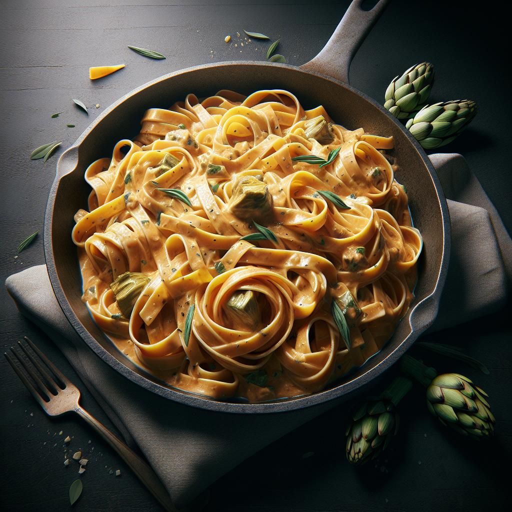 Tagliatelle de espelta con huevo y ragú de alcachofas