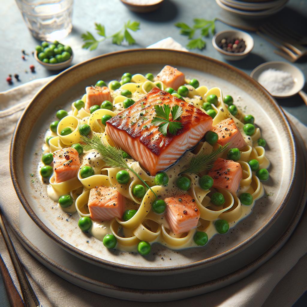 Tagliolini salmón y guisantes