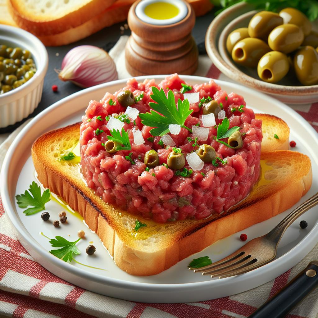 Tártara de carne sobre bruschetta